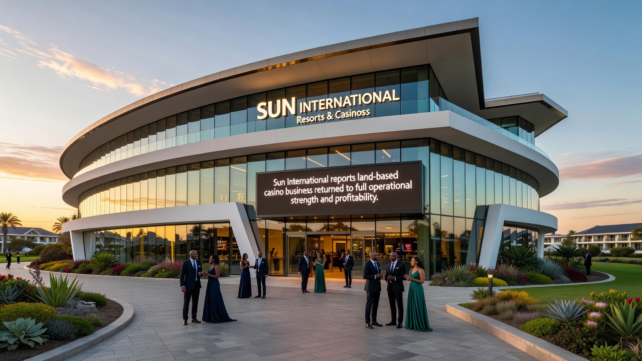 Detailed view of stadium gaming terminals and table game areas at a Sun International property